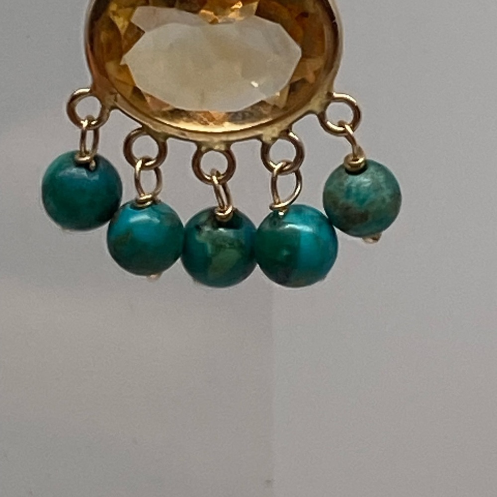 14K Yellow Gold Bezel Citrine and Turquoise Bead Dangle Leverback Earrings - Picture 3 of 15